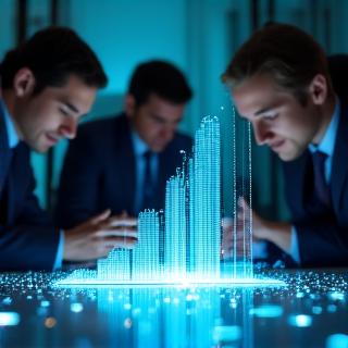 Business professional pointing at a futuristic growth chart